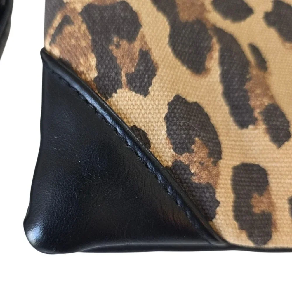 Funky Monkey Leopard Print Canvas Black Faux Leather Wristlet‎ Clutch Tassel Bag